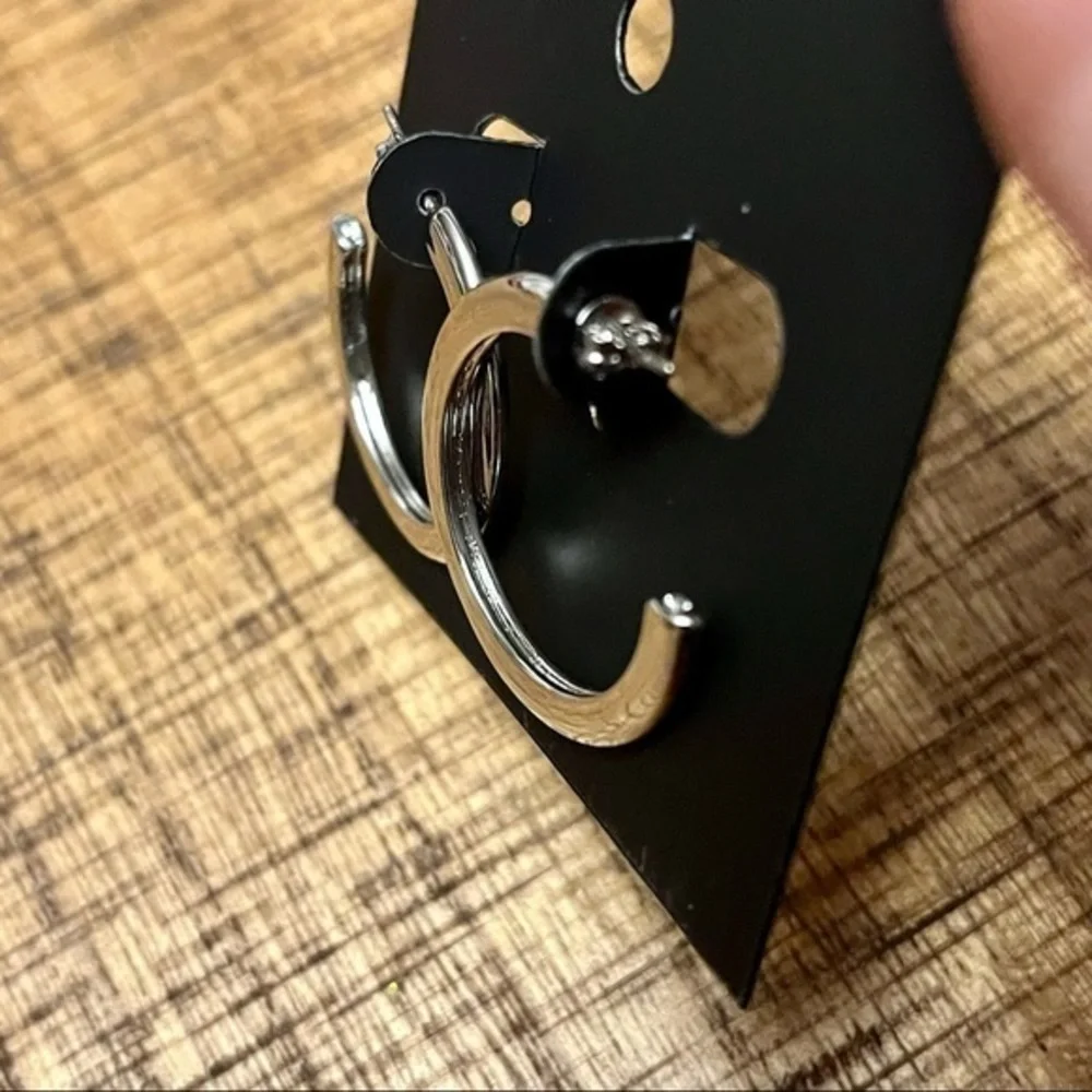 Coach Silver Polished Open Hoop Earrings Classic Logo NWT - Picture 3 of 4